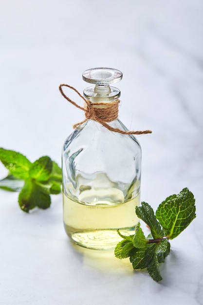 Bouteille avec de l'huile essentielle de menthe et des ingrédients biologiques naturels de feuille verte pour les cosmétiques soins de la peau traitement du corps concept de soins de beauté