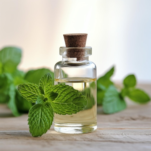 Une bouteille d'huile essentielle de menthe sur une table en bois blanc