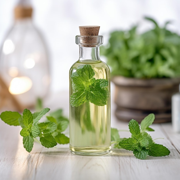 Une bouteille d'huile essentielle de menthe sur une table en bois blanc