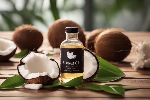 Photo bouteille d'huile de noix de coco et fruits de noix de coco éclaboussés de feuilles sur un plancher en bois