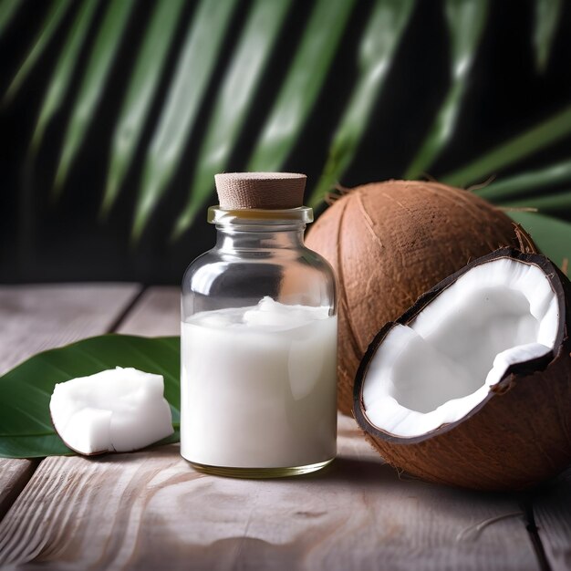 Bouteille d'huile de noix de coco et de noix de coco sur fond de feuilles de palmier vertes Ai générative