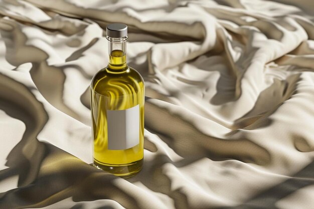 une bouteille d'huile d'olive assise sur un lit