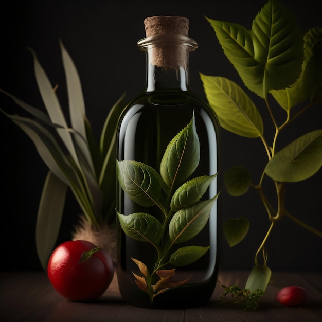 Une bouteille d'huile d'olive avec un bouchon en liège et une tomate rouge sur le côté.