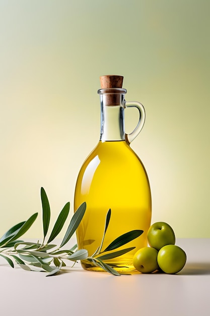 bouteille d'huile d'olive avec branche d'olivier éclairage blanc lumière de studio