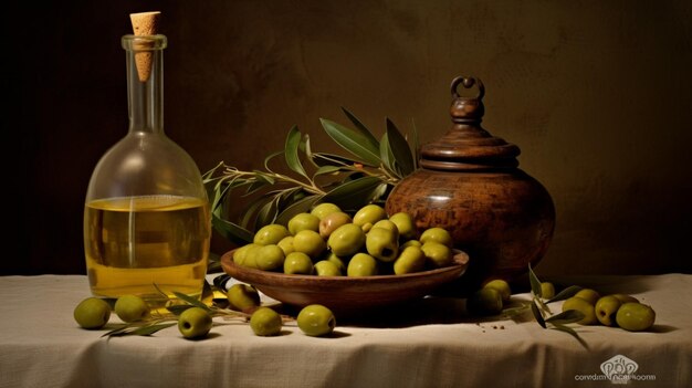 Une bouteille d'huile d'olive à côté d'un bol d'olives