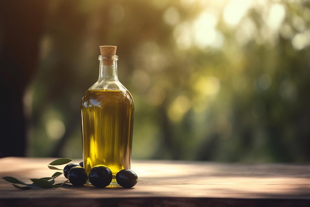 Une bouteille d'huile d'olive à côté d'un bouquet d'olives noires.