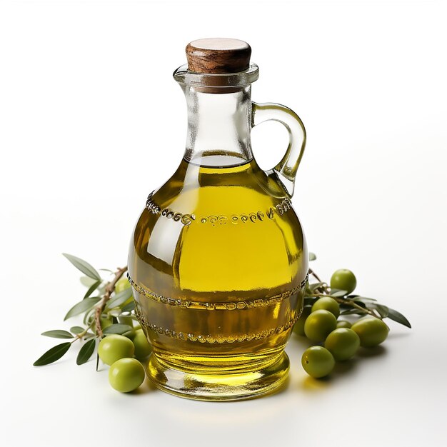 Photo bouteille d'huile d'olive à côté d'un bouquet d'olives vertes