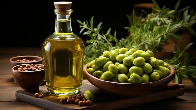 Une bouteille d'huile d'olive à côté d'un bouquet d'olives vertes