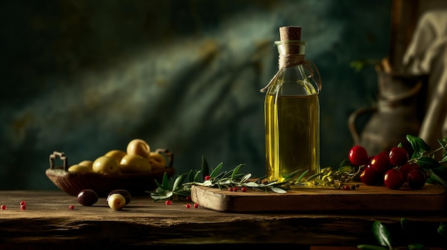 une bouteille d'huile d'olive à côté d'une bouteille