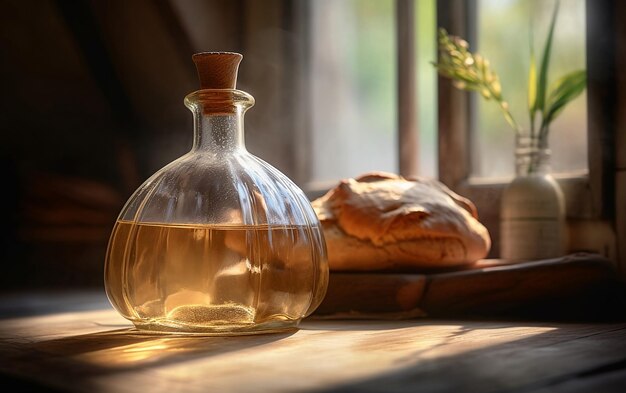 Une bouteille d'huile d'olive à côté d'un pain sur une table