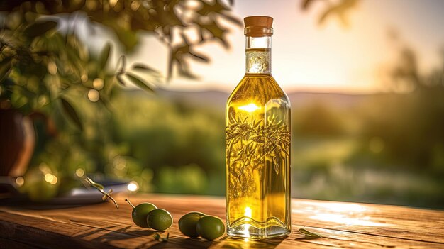 Une bouteille d'huile d'olive dorée posée sur une table en bois