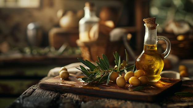 une bouteille d'huile d'olive est posée sur une planche en bois avec des olives