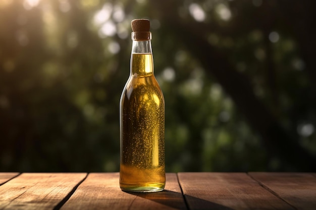 Une bouteille d'huile d'olive est posée sur une table en bois devant un fond vert.