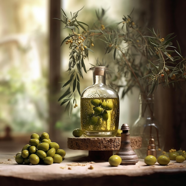 Une bouteille d'huile d'olive est posée sur une table à côté d'une bouteille d'huile d'olive.