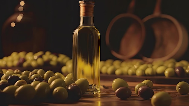 Une bouteille d'huile d'olive est posée sur une table entourée de raisins.