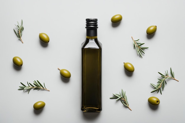 Bouteille d'huile d'olive sur fond gris