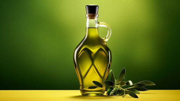 Une bouteille d'huile d'olive sur un fond vert
