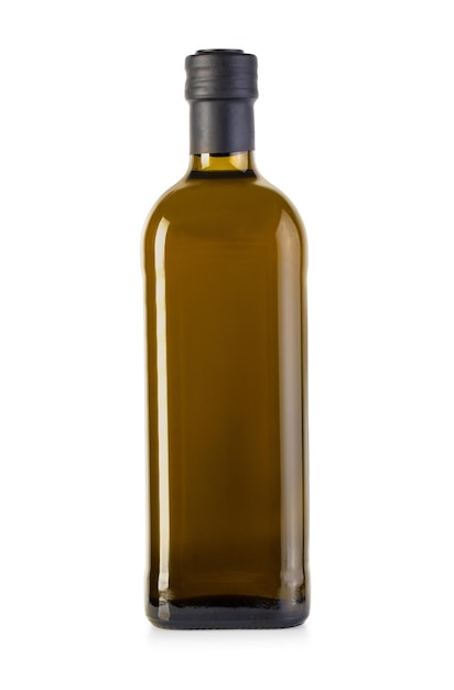 Bouteille d'huile d'olive isolée sur blanc avec un tracé de détourage