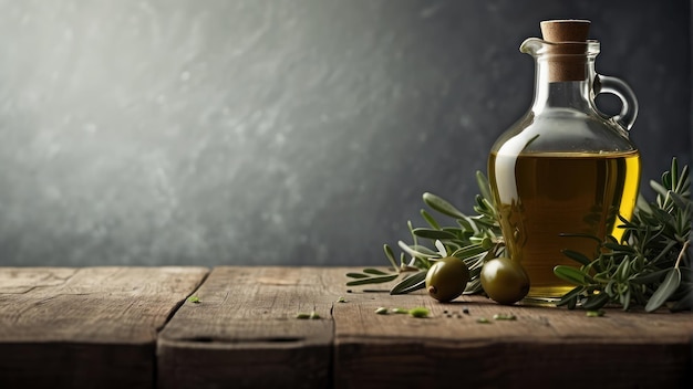 Bouteille d'huile d'olive minimaliste avec des herbes fraîches