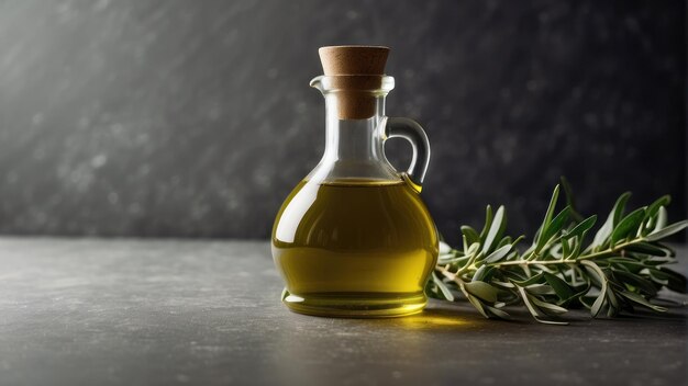 Bouteille d'huile d'olive minimaliste avec des herbes fraîches