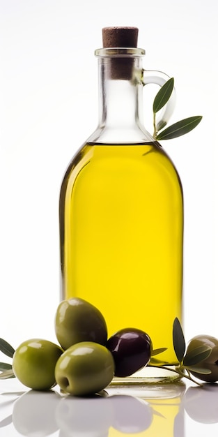 Une bouteille d'huile d'olive avec des olives sur le côté.