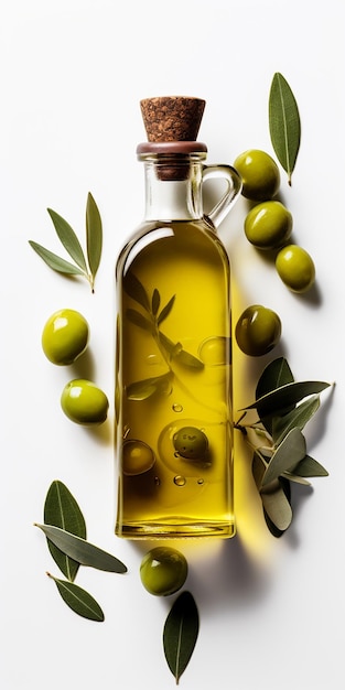 Une bouteille d'huile d'olive avec des olives sur le dessus.