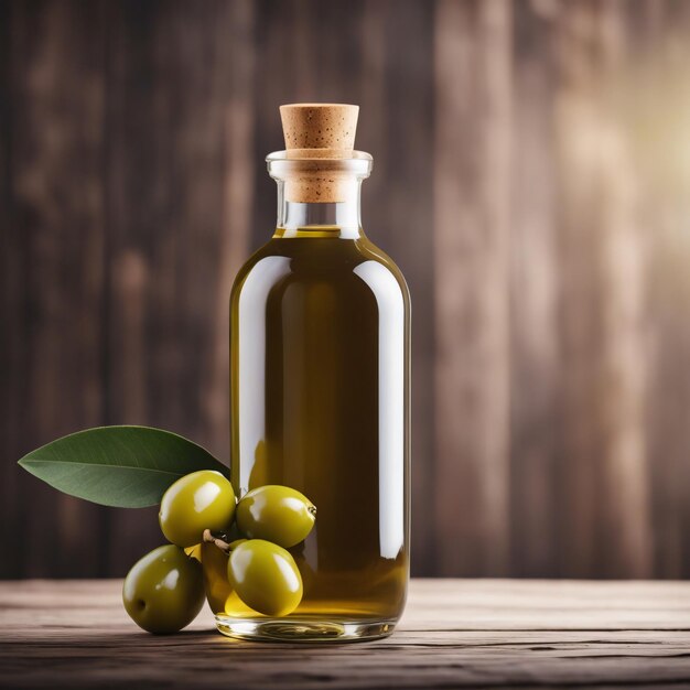 Photo bouteille d'huile d'olive et olives avec feuilles sur parquet