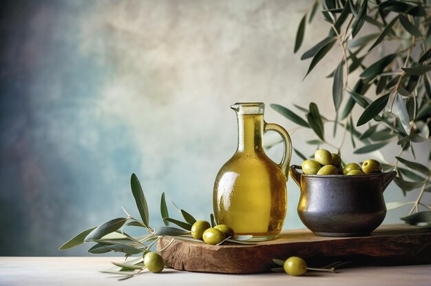 Photo bouteille d'huile d'olive et d'olives sur un fond légèrement rustique et en pierre huile d' olive pour la cuisine