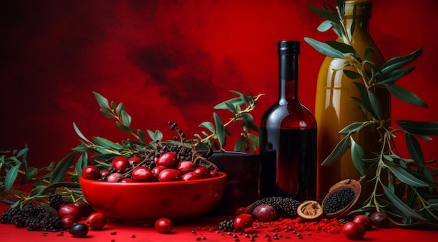 Une bouteille d'huile d'olive et d'olives sur une table rouge créée avec la technologie d'IA générative