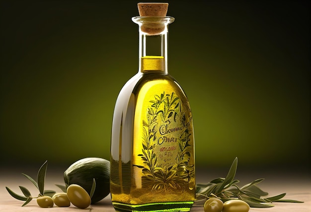 Bouteille d'huile d'olive avec olives vertes et branche d'olivier sur table en bois