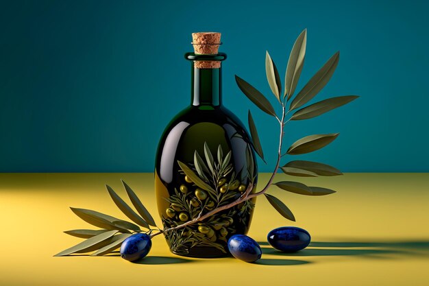 Bouteille d'huile d'olive posée sur des olives premium