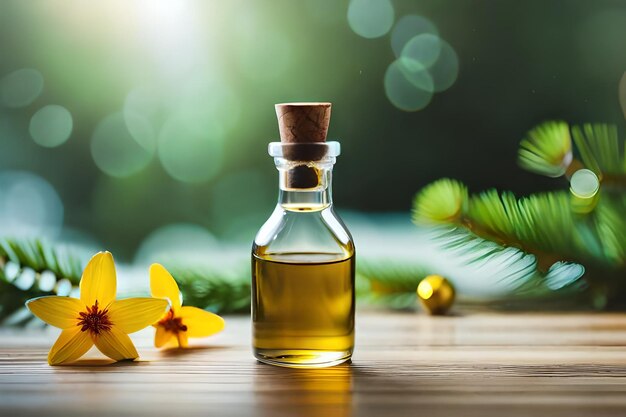 une bouteille d'huile d'olive sur une table en bois avec une branche de pin en arrière-plan.