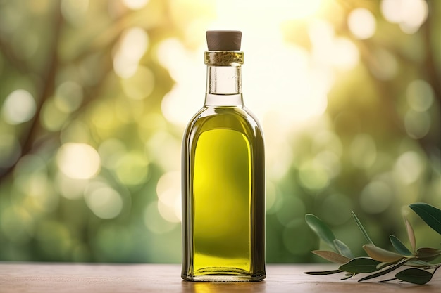 Bouteille d'huile d'olive sur table en bois avec maquette de fond vert bokeh pour l'huile