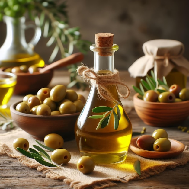 Bouteille d'huile d'olive sur la table de la cuisine entourée d'olives et de branches d'olivier