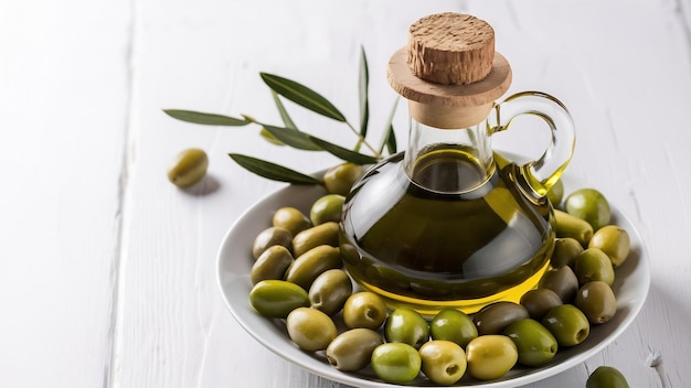 Bouteille d'huile d'olive vierge extra et d'olives vertes sur surface blanche