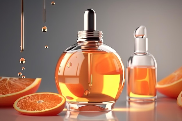 Bouteille d'huile d'orange et tranches d'oranges sur fond blanc AI générative