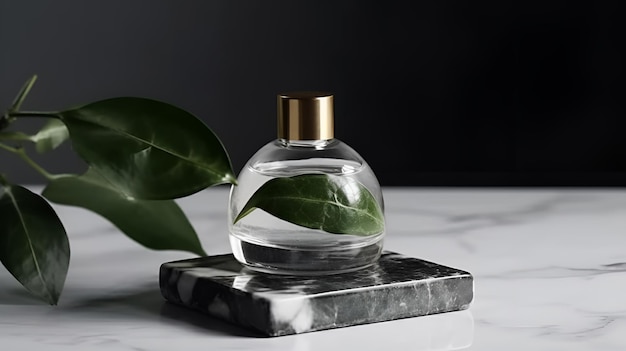 Bouteille d'huile de parfum en verre avec feuilles sur podium en marbre