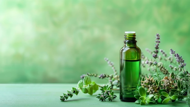 Bouteille d'huiles essentielles à côté d'un bouquet de fleurs