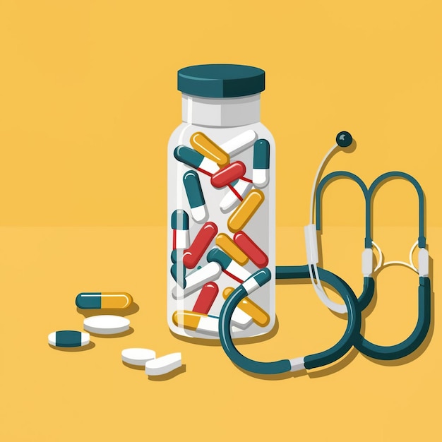 Bouteille de la Journée mondiale contre la drogue avec différentes pilules et un stéthoscope sur une IA jaune générée