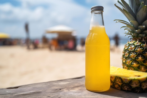 Une bouteille de jus d'ananas est posée sur une table sur une plage.