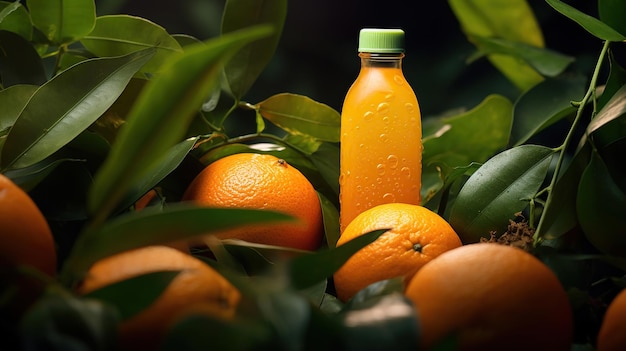 Bouteille de jus entourée d'oranges et de feuilles luxuriantes