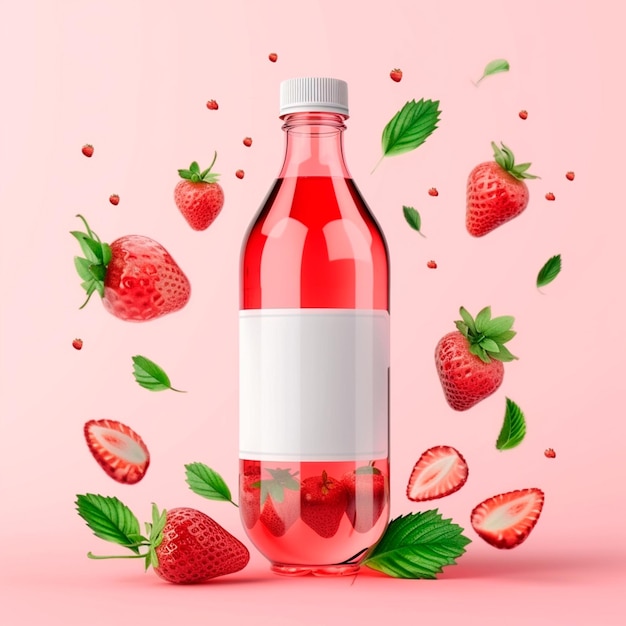 Bouteille de jus de fraise avec des fraises autour