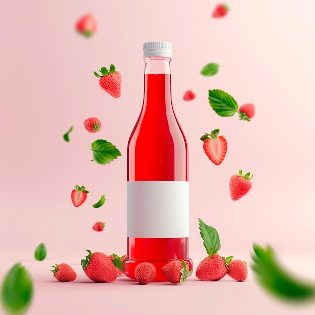 Bouteille de jus de fraise avec des fraises autour