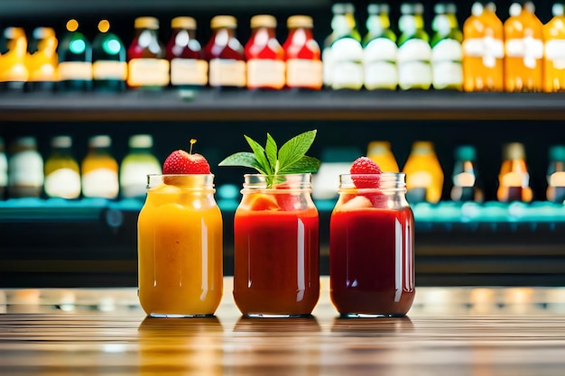 une bouteille de jus de fraise avec des fraises sur la table.