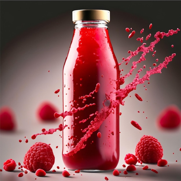 Une bouteille de jus de framboise avec des grains de framboise dispersés