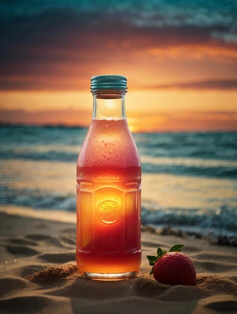 Bouteille de jus de fruit au coucher du soleil sur une plage de sable IA générative