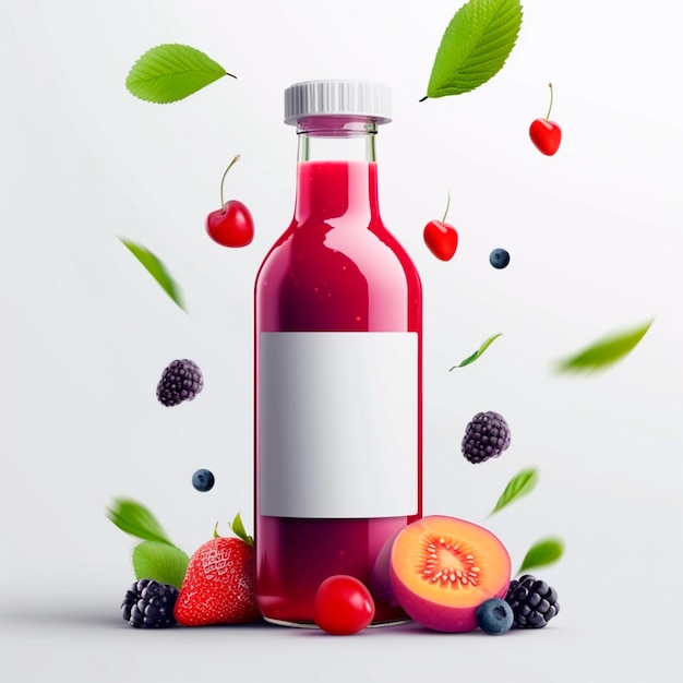 Bouteille de jus de fruit rouge avec des fruits autour