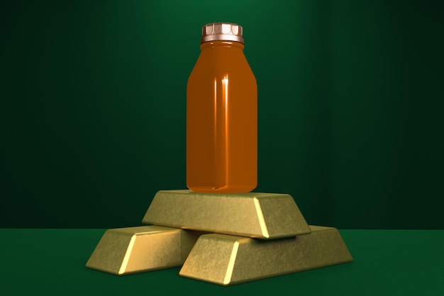 Bouteille de jus et lingots d'or côté droit