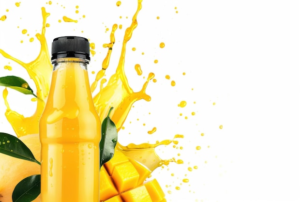 Bouteille de jus de mangue naturel avec chapeau noir et tranches éclaboussées sur fond blanc