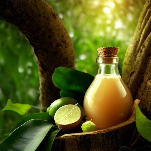 Une bouteille de jus de mangue se trouve dans un arbre avec un fond vert et le mot mangue sur la bouteille.